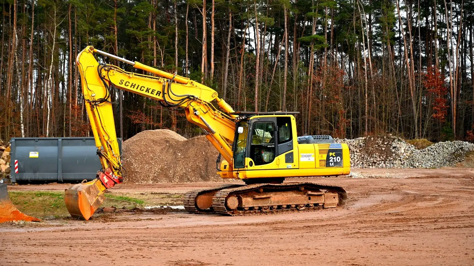 A tracked excavator clearing ground at the edge of a stand of pines